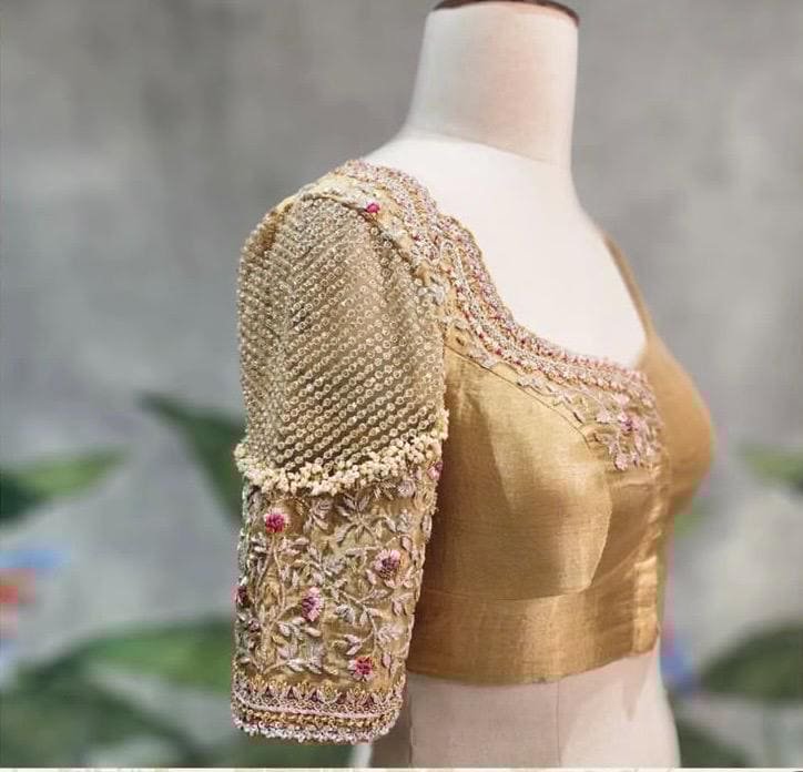 Hand Embroidered Zardosi Silk Blouse: Golden Beige Bridal Top, plus size golden blouse,saree blouse USA,handwork blouse maggam work,golden