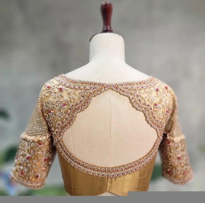 Hand Embroidered Zardosi Silk Blouse: Golden Beige Bridal Top, plus size golden blouse,saree blouse USA,handwork blouse maggam work,golden