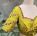 Hand Embroidered Zardosi Silk Blouse: Mehendi Green, Deep Neck blouse,mehendi green maggam blouse,mix and match blouse,plus size blouse usa