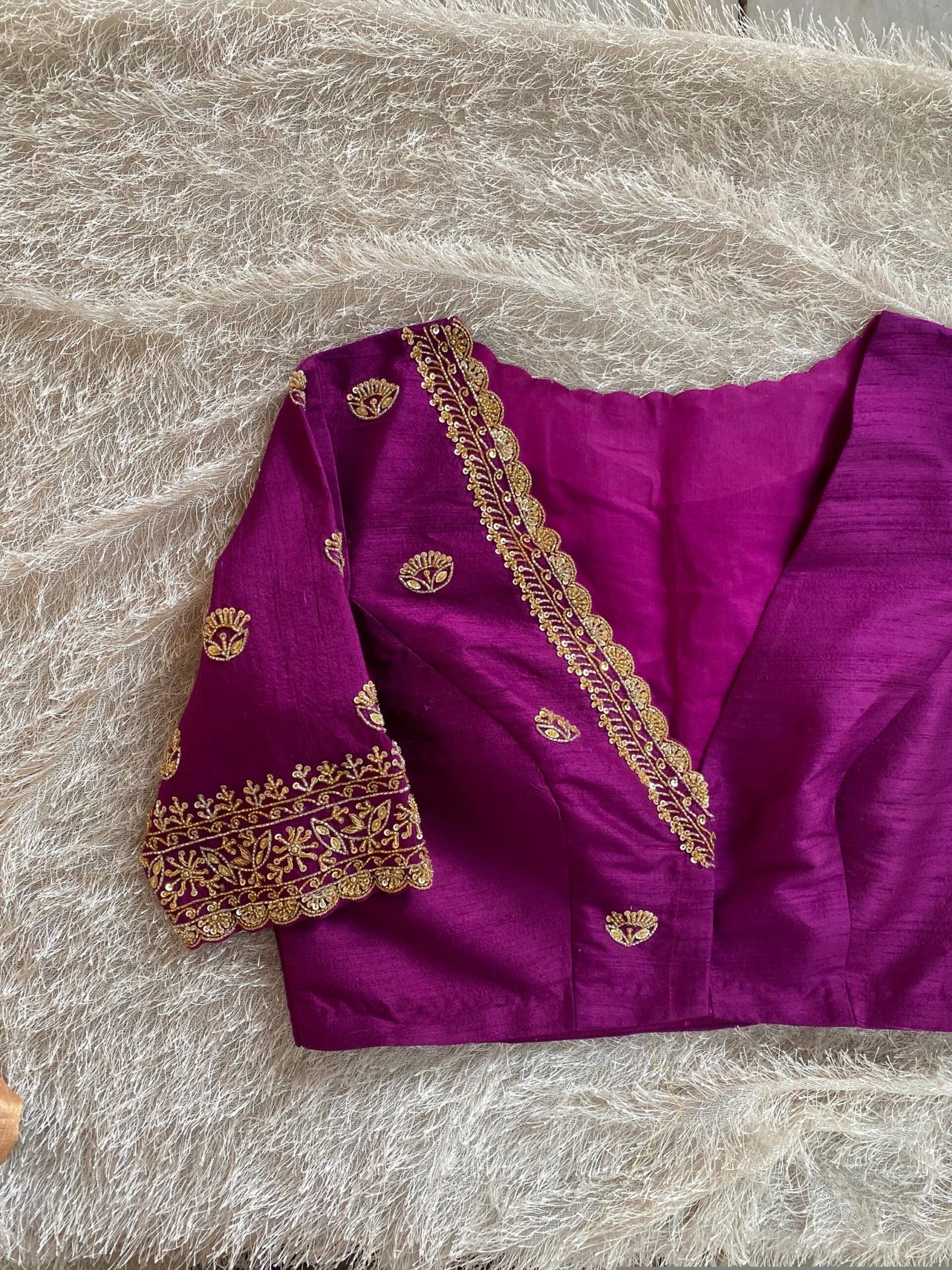 Hand Embroidered Plum Silk Blouse: Zardosi Saree Blouse, Elbow Sleeves