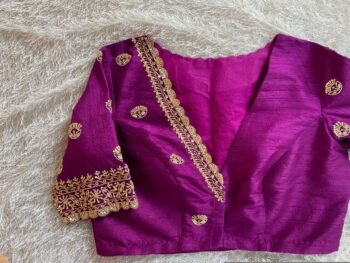 Hand Embroidered Plum Silk Blouse: Zardosi Saree Blouse, Elbow Sleeves