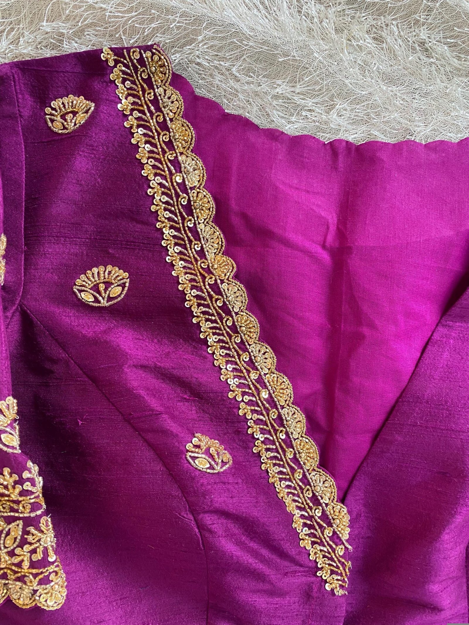 Hand Embroidered Plum Silk Blouse: Zardosi Saree Blouse, Elbow Sleeves