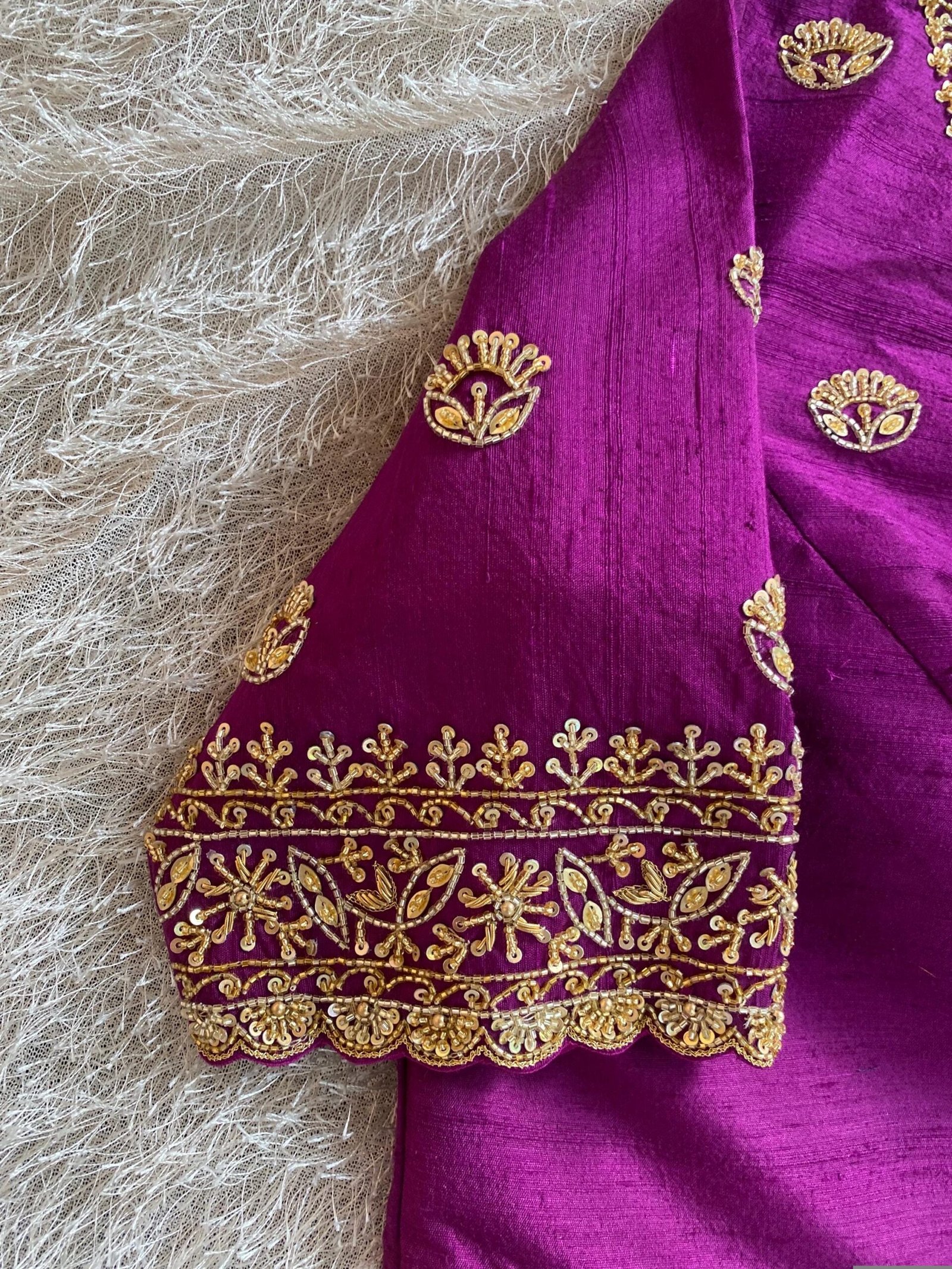 Hand Embroidered Plum Silk Blouse: Zardosi Saree Blouse, Elbow Sleeves