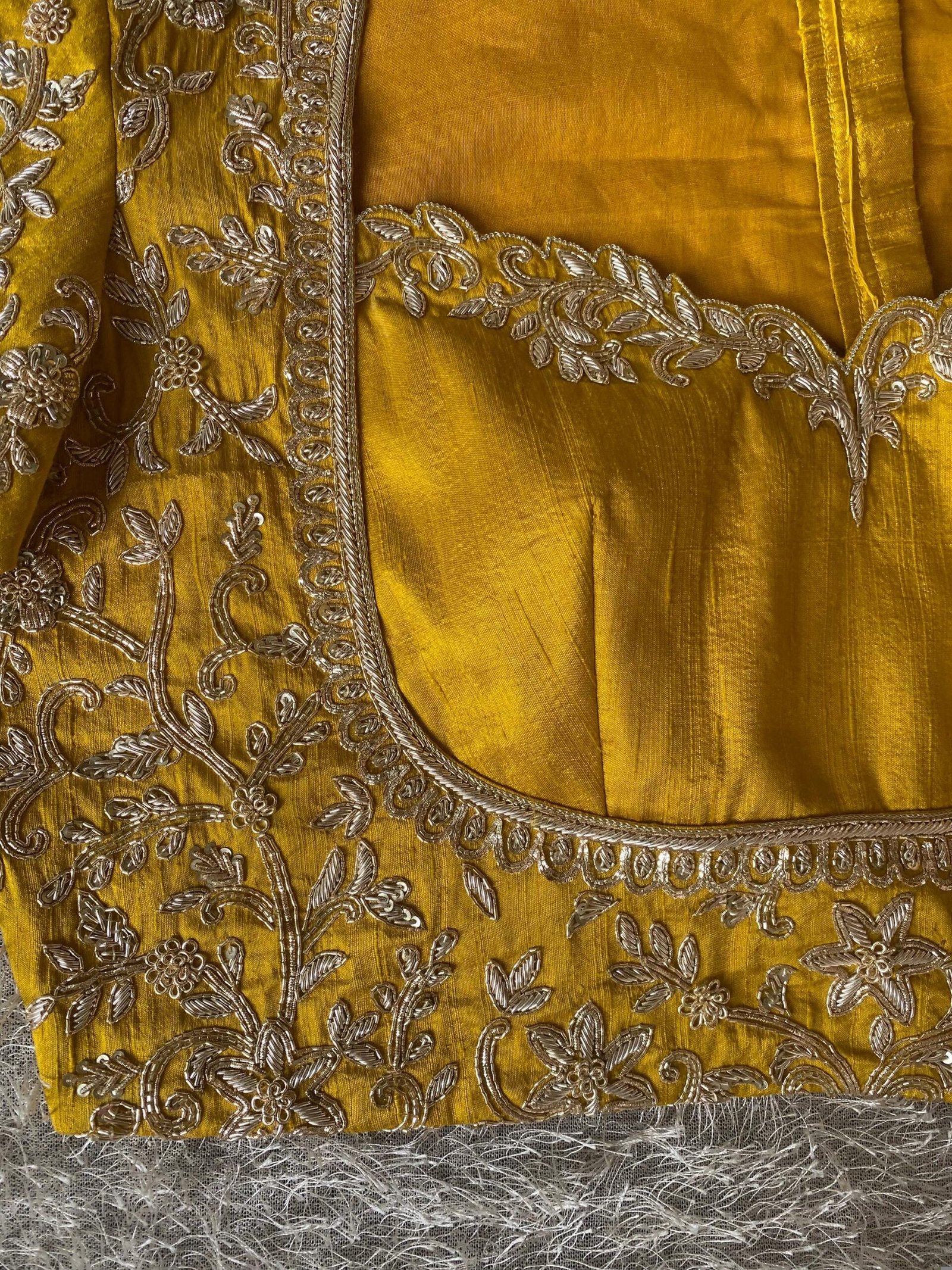 Mustard Yellow Silk Hand Embroidered Blouse: Zardosi Bridal Blouse