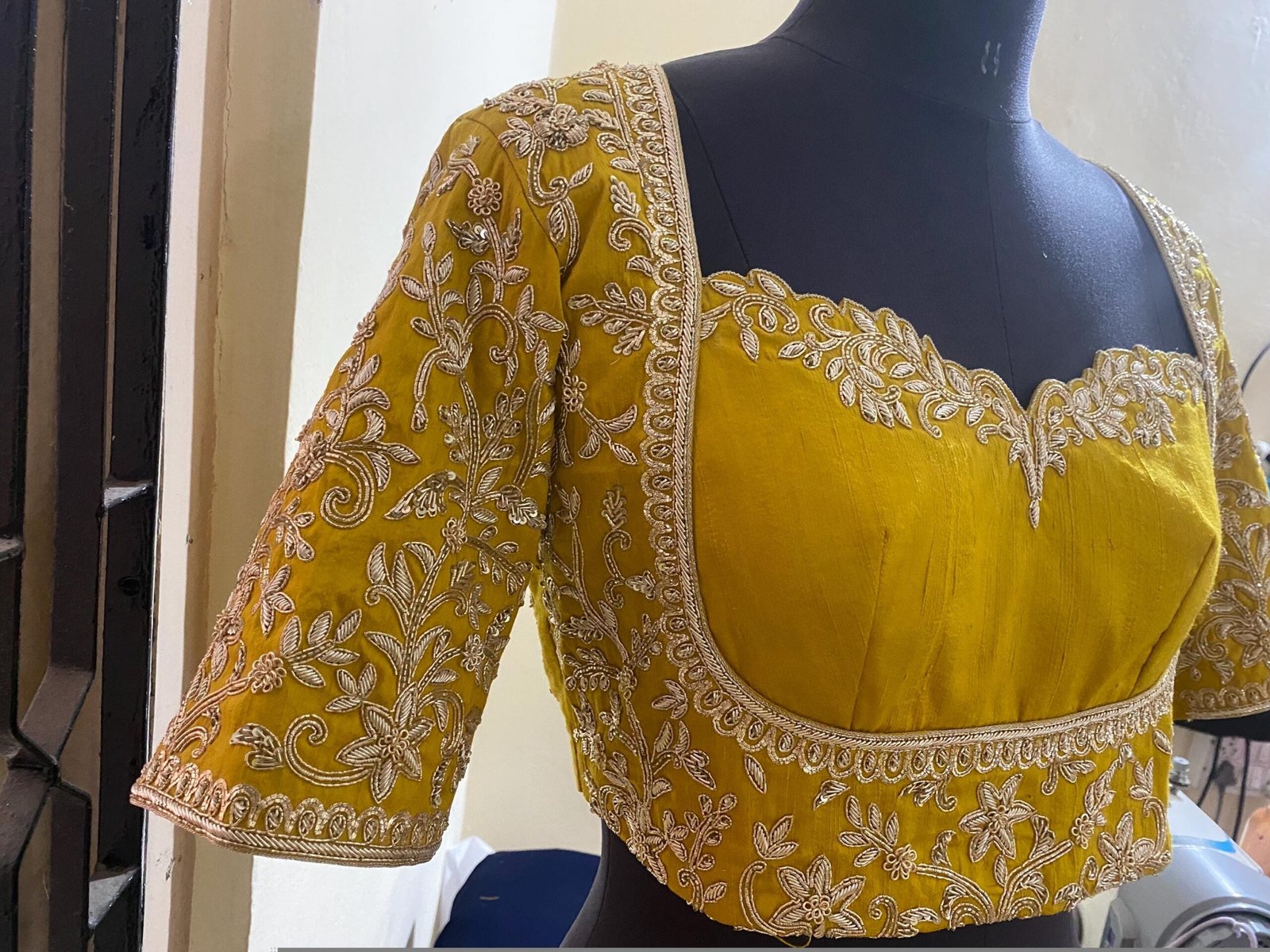 Mustard Yellow Silk Hand Embroidered Blouse: Zardosi Bridal Blouse