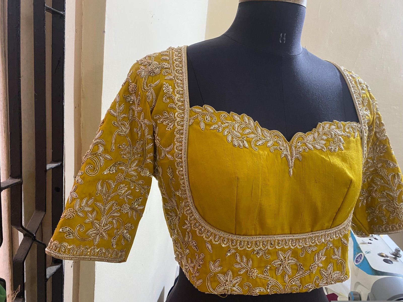 Mustard Yellow Silk Hand Embroidered Blouse: Zardosi Bridal Blouse