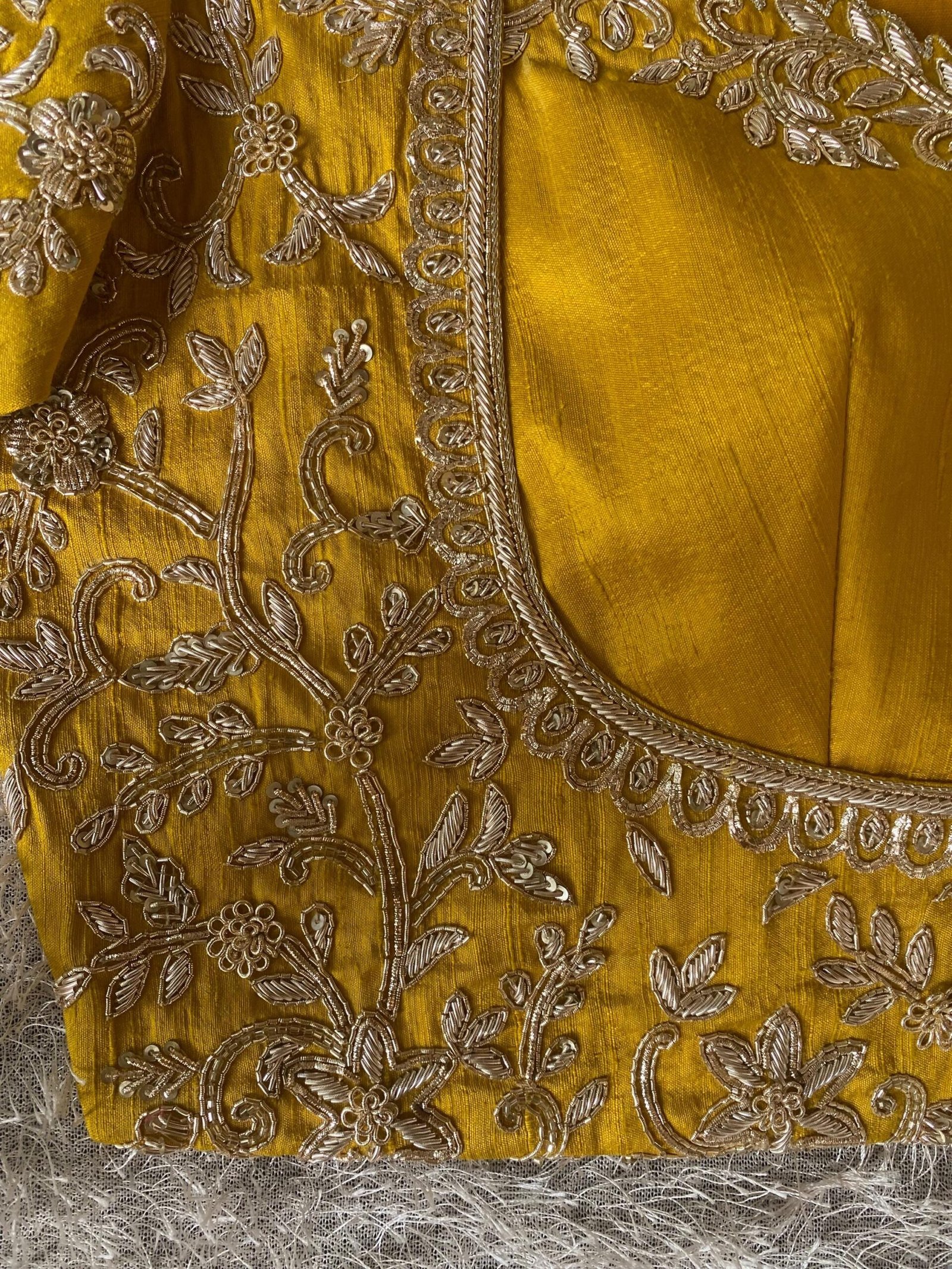 Mustard Yellow Silk Hand Embroidered Blouse: Zardosi Bridal Blouse