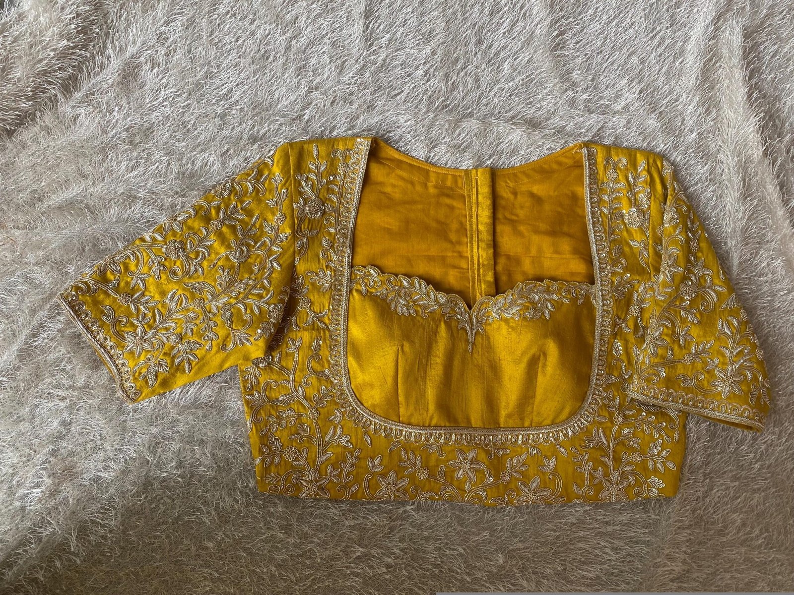 Mustard Yellow Silk Hand Embroidered Blouse: Zardosi Bridal Blouse
