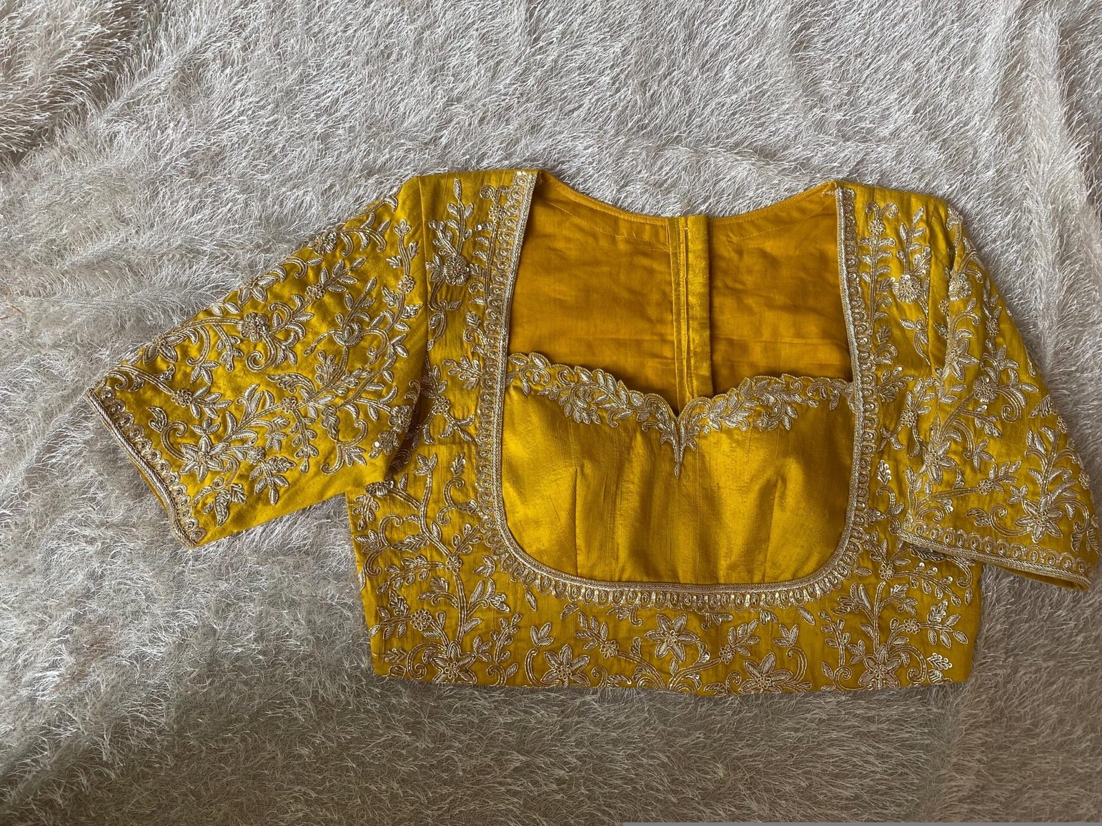 Mustard Yellow Silk Hand Embroidered Blouse: Zardosi Bridal Blouse