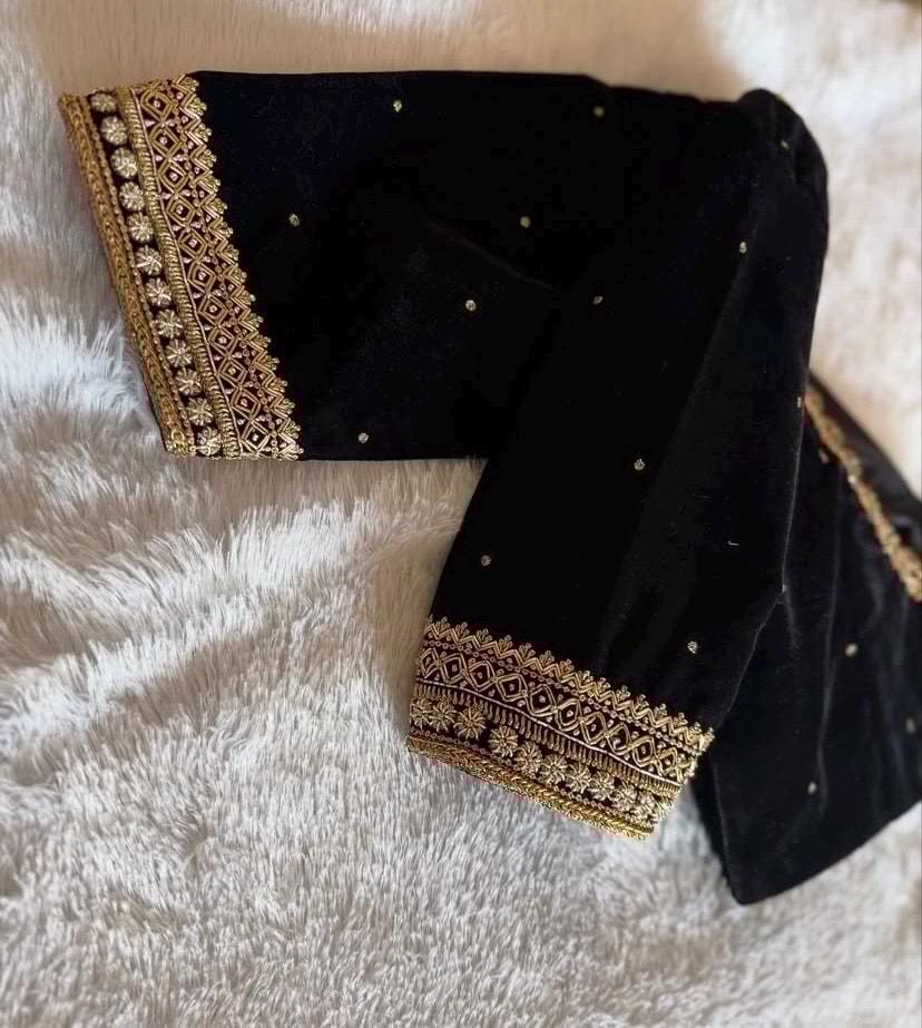 Black Velvet Zardosi Blouse: Hand Embroidered Saree Top,black velvet blouse,mix and match blouse, plus size blouse,blouses usa,black saree