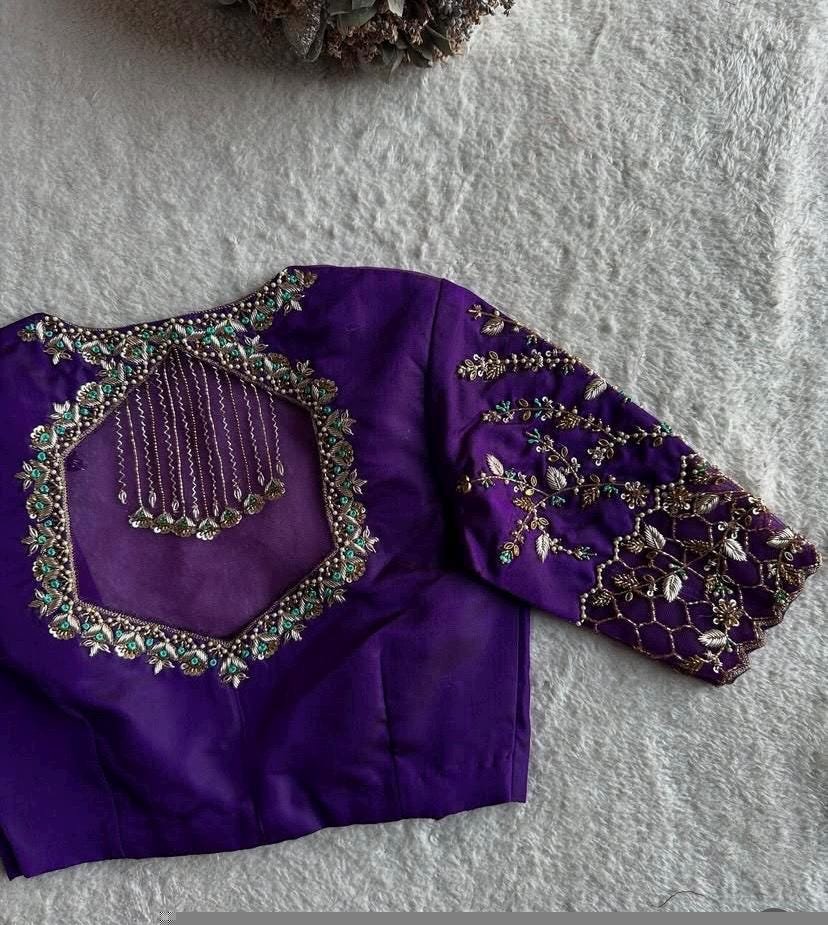 Purple Silk Zardosi Blouse: Hand Embroidered Saree Top