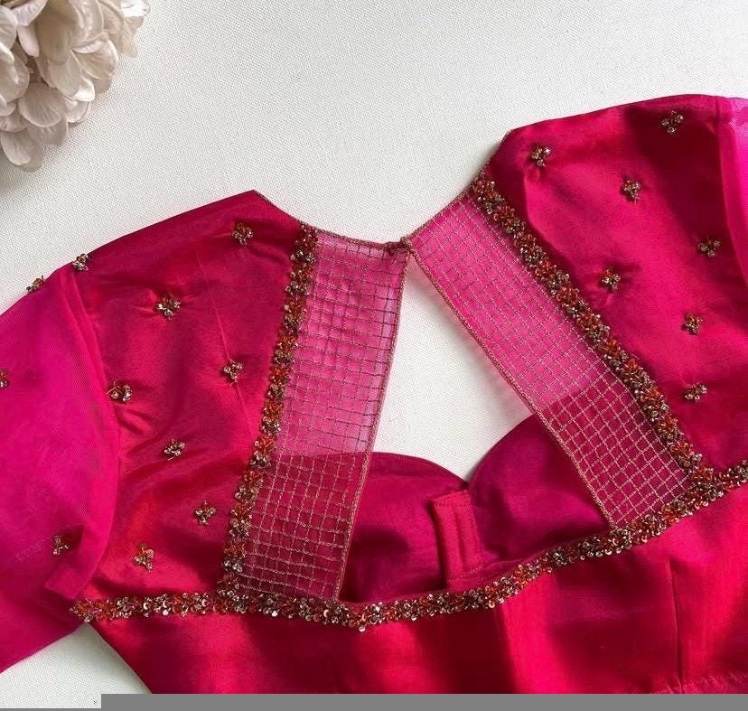 Hand Embroidered Silk Saree Blouse: Hot Pink Zardosi Bridal Maggam Work,plus size blosue,handwork blouse,maggam blouse,pink sareeblouse usa