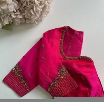 Hand Embroidered Silk Saree Blouse: Hot Pink Zardosi Bridal Maggam Work,plus size blosue,handwork blouse,maggam blouse,pink sareeblouse