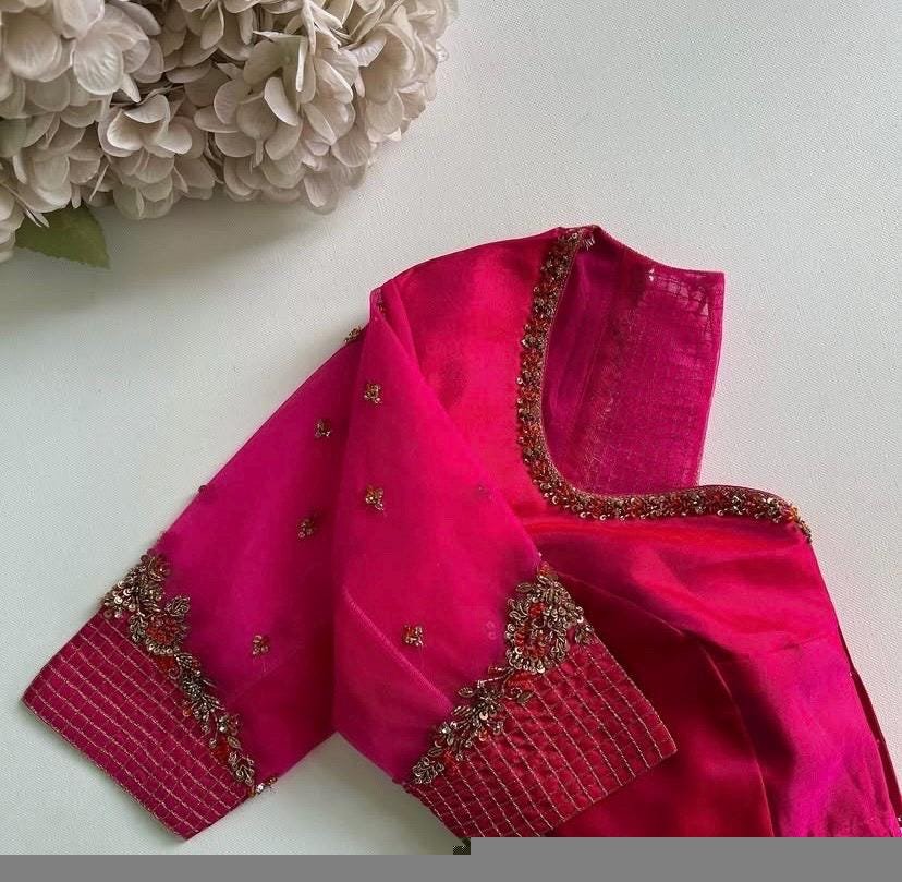 Hand Embroidered Silk Saree Blouse: Hot Pink Zardosi Bridal Maggam Work,plus size blosue,handwork blouse,maggam blouse,pink sareeblouse usa