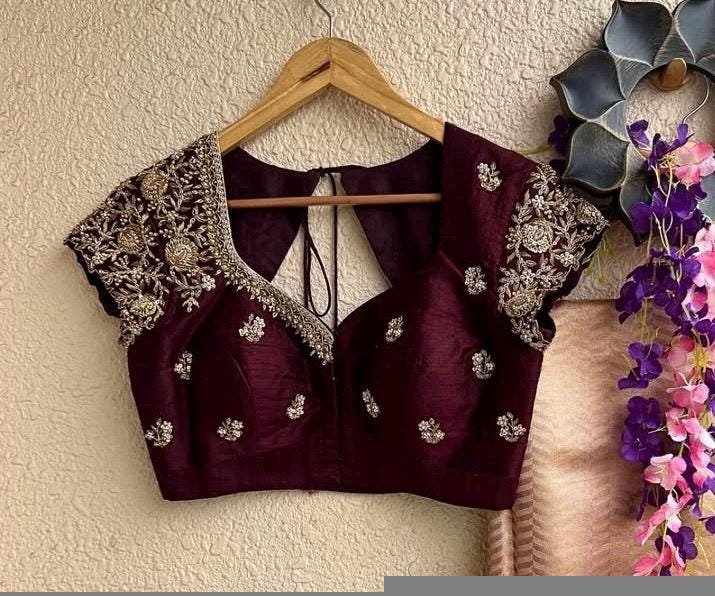 Hand Embroidered Plum Silk Blouse: Zardosi Saree Blouse - Size 42