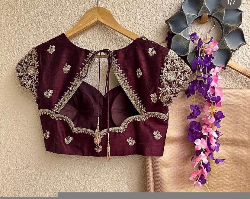 Hand Embroidered Plum Silk Blouse: Zardosi Saree Blouse - Size 42