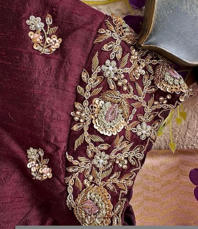 Hand Embroidered Plum Silk Blouse: Zardosi Saree Blouse - Size 42