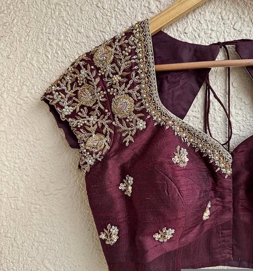 Hand Embroidered Plum Silk Blouse: Zardosi Saree Blouse - Size 42