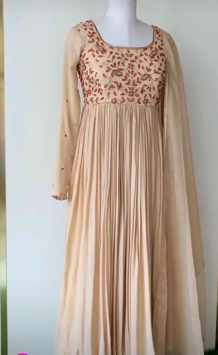 Hand Embroidered Georgette Anarkali Dress: Beige Indian Suit with Dupatta