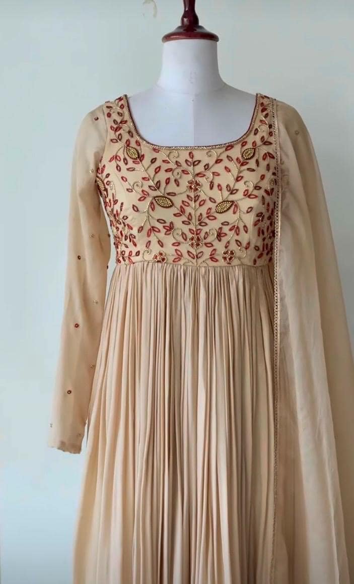 Hand Embroidered Georgette Anarkali Dress: Beige Indian Suit with Dupatta