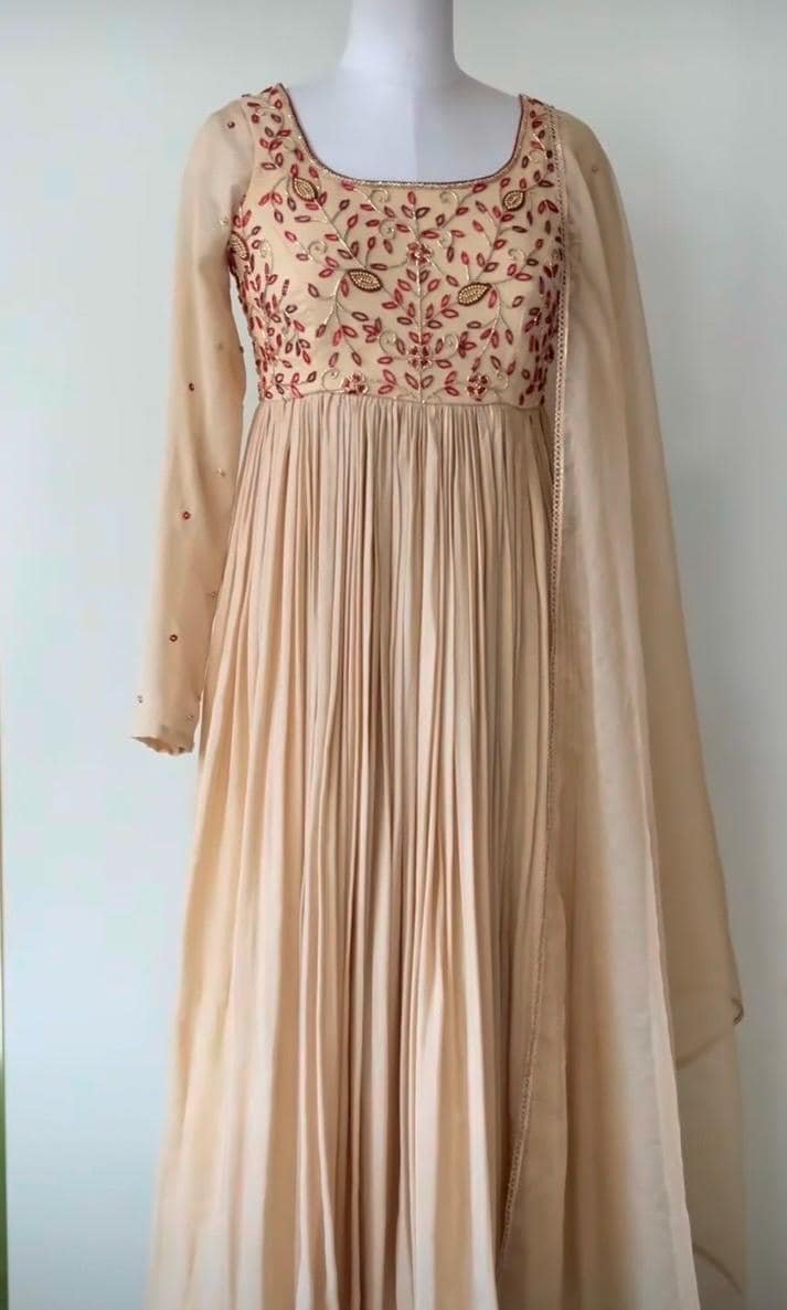 Hand Embroidered Georgette Anarkali Dress: Beige Indian Suit with Dupatta
