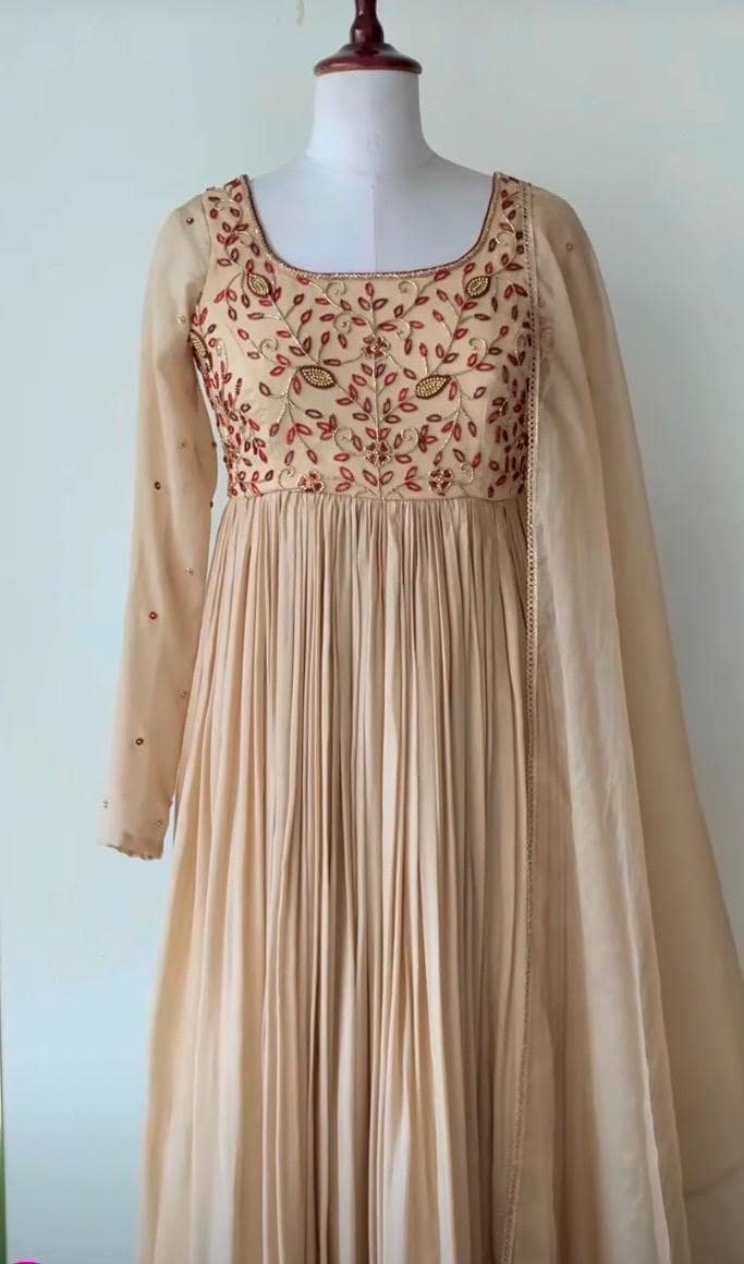 Hand Embroidered Georgette Anarkali Dress: Beige Indian Suit with Dupatta