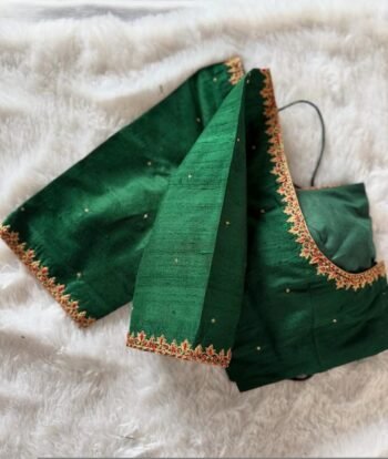 Hand Embroidered Silk Saree Blouse: Green Zardosi Maggam Work