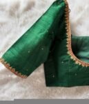 Hand Embroidered Silk Saree Blouse: Green Zardosi Maggam Work