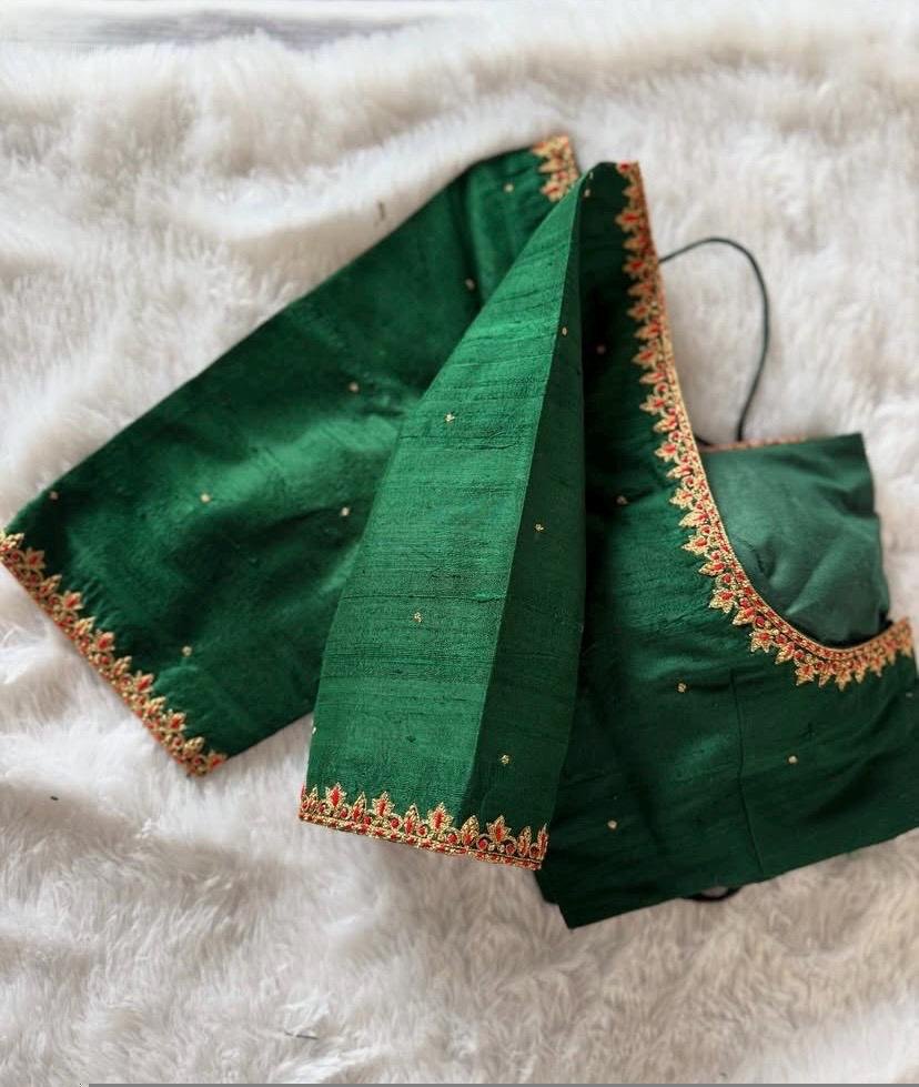 Hand Embroidered Silk Saree Blouse: Green Zardosi Maggam Work