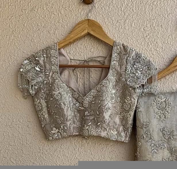 Hand Embroidered Silver Tissue Silk Blouse: Zardosi Maggam Work,silver tissue blouse,handwork blouse,maggam work blouse,silver saree blouse,