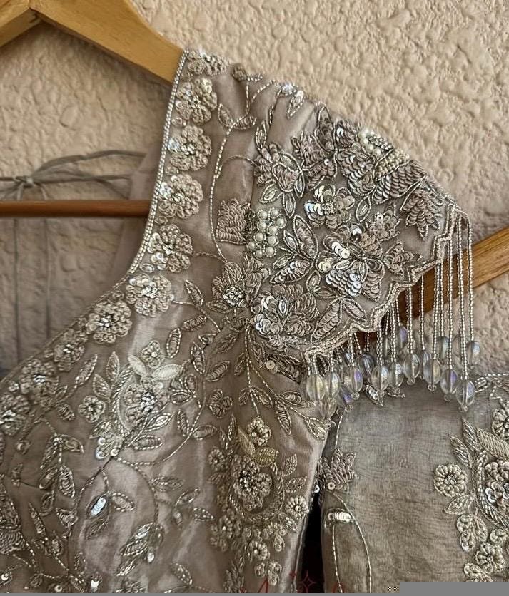 Hand Embroidered Silver Tissue Silk Blouse: Zardosi Maggam Work,silver tissue blouse,handwork blouse,maggam work blouse,silver saree blouse,