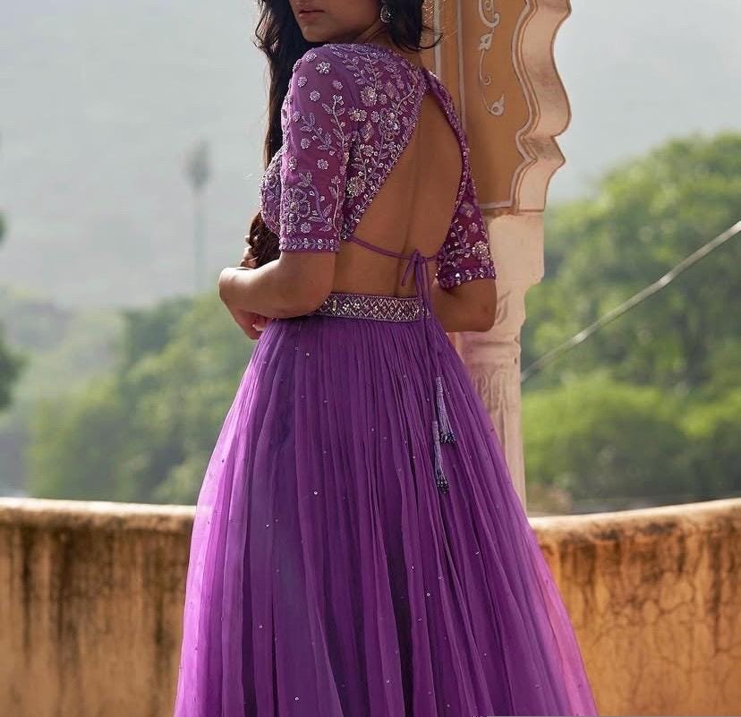 Hand Embroidered Lavender Lehenga Set: Silk Crop Top & Dupatta