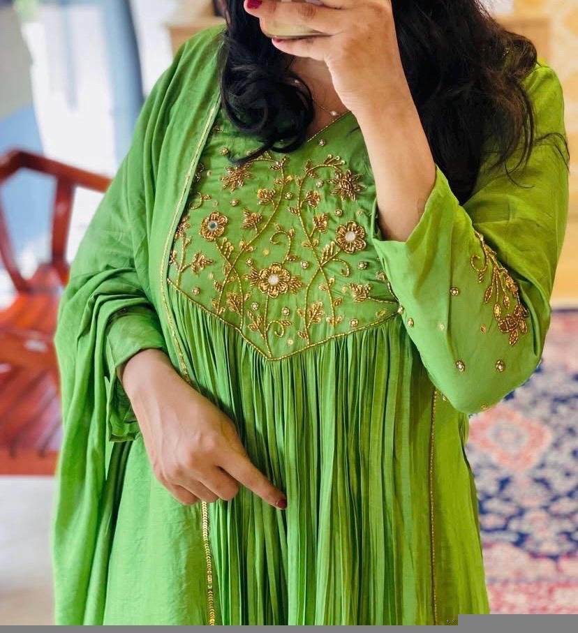 Hand Embroidered Green Anarkali Dress: Crepe Chinnon Silk Indian Suit,green kurta set,kurta dupatta set, hand embroidered dress,kurta pyjama