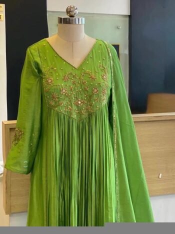 Hand Embroidered Green Anarkali Dress: Crepe Chinnon Silk Indian Suit,green kurta set,kurta dupatta set, hand embroidered dress,kurta pyjama