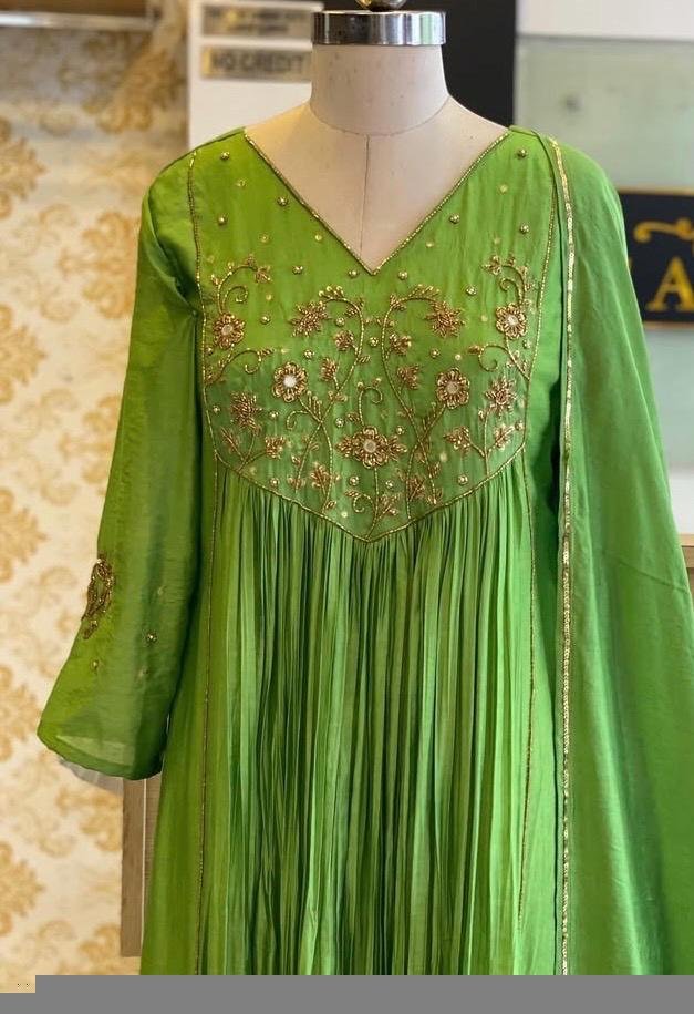 Hand Embroidered Green Anarkali Dress: Crepe Chinnon Silk Indian Suit,green kurta set,kurta dupatta set, hand embroidered dress,kurta pyjama