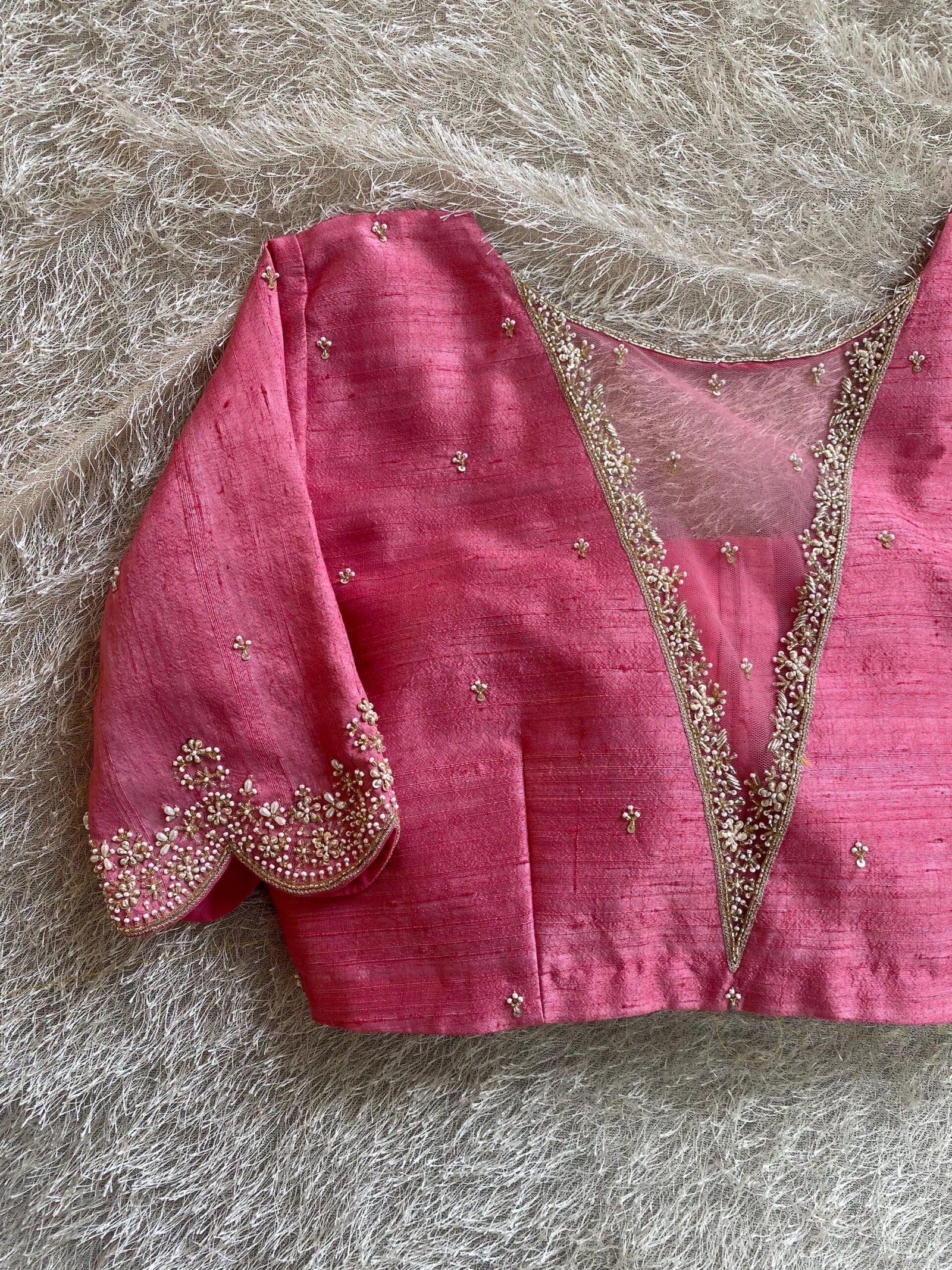 Hand Embroidered Silk Zardosi Blouse: Pink Maggam Work, Elbow Sleeves
