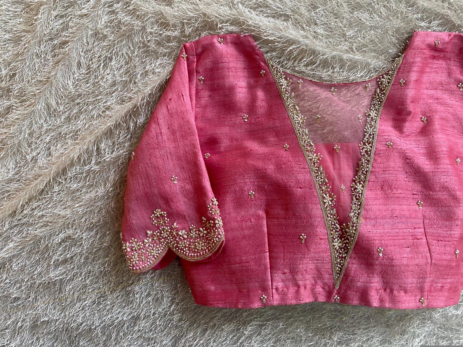 Hand Embroidered Silk Zardosi Blouse: Pink Maggam Work, Elbow Sleeves