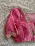 Hand Embroidered Silk Zardosi Blouse: Pink Maggam Work, Elbow Sleeves