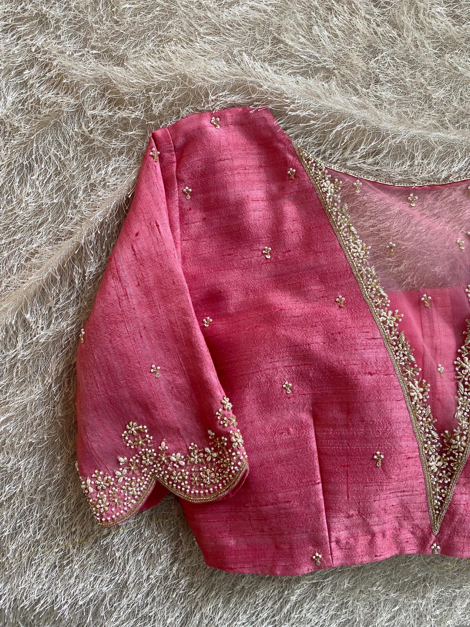 Hand Embroidered Silk Zardosi Blouse: Pink Maggam Work, Elbow Sleeves