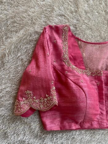 Hand Embroidered Silk Zardosi Blouse: Pink Maggam Work, Elbow Sleeves
