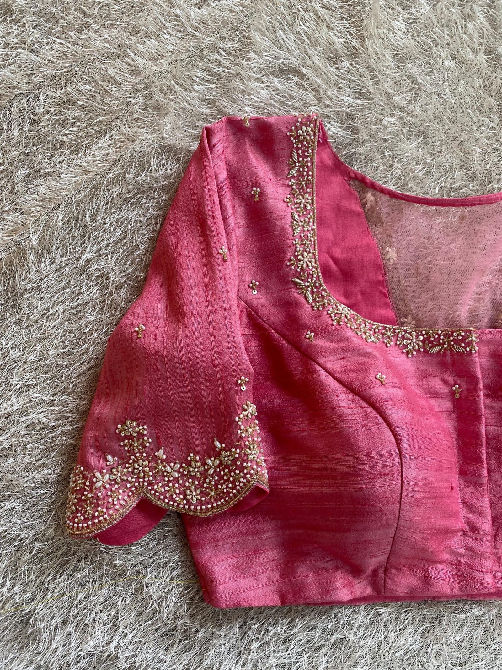 Hand Embroidered Silk Zardosi Blouse: Pink Maggam Work, Elbow Sleeves