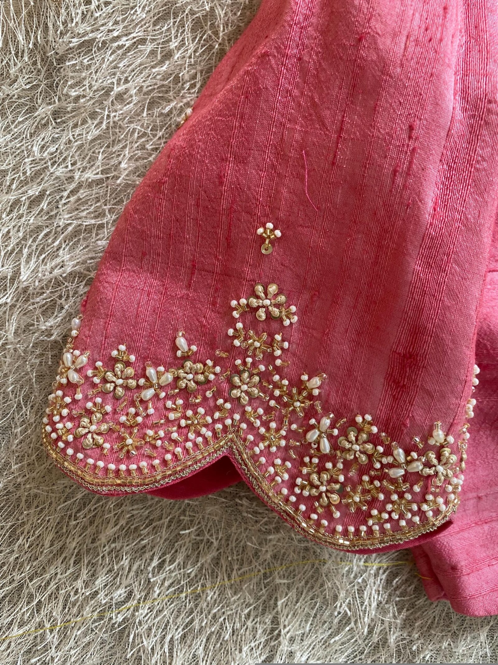 Hand Embroidered Silk Zardosi Blouse: Pink Maggam Work, Elbow Sleeves