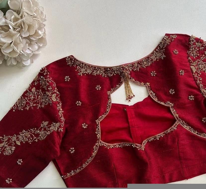 Hand Embroidered Zardosi Silk Blouse: Red Bridal Wedding Top
