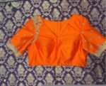 Hand Embroidered Zardosi Silk Blouse: Orange Saree Top, V-Neck