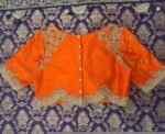 Hand Embroidered Zardosi Silk Blouse: Orange Saree Top, V-Neck