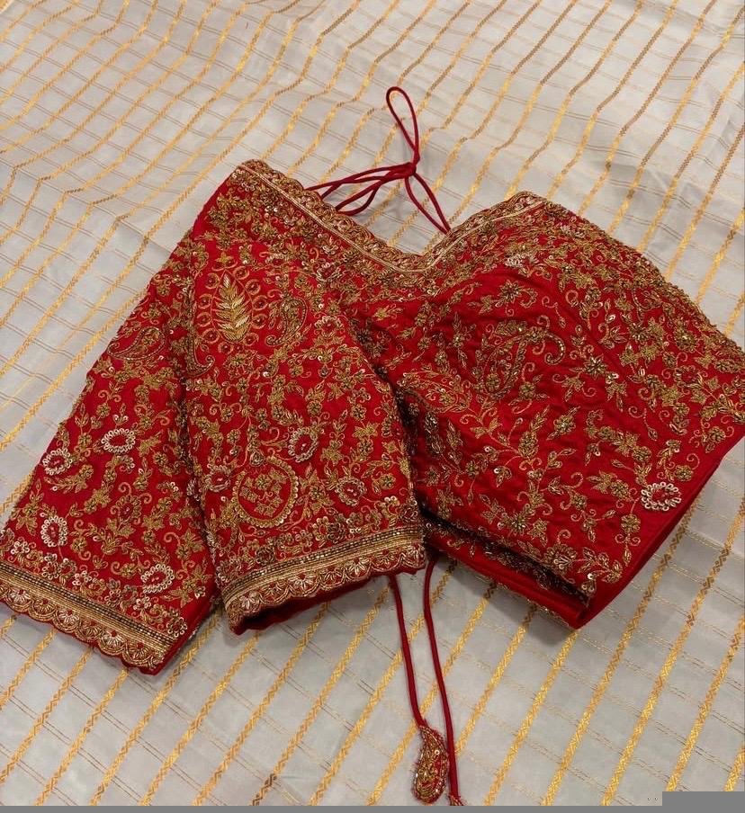 Red Silk Bridal Blouse: Hand Embroidered Zardosi Wedding Crop Top