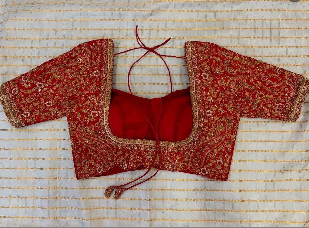 Red Silk Bridal Blouse: Hand Embroidered Zardosi Wedding Crop Top