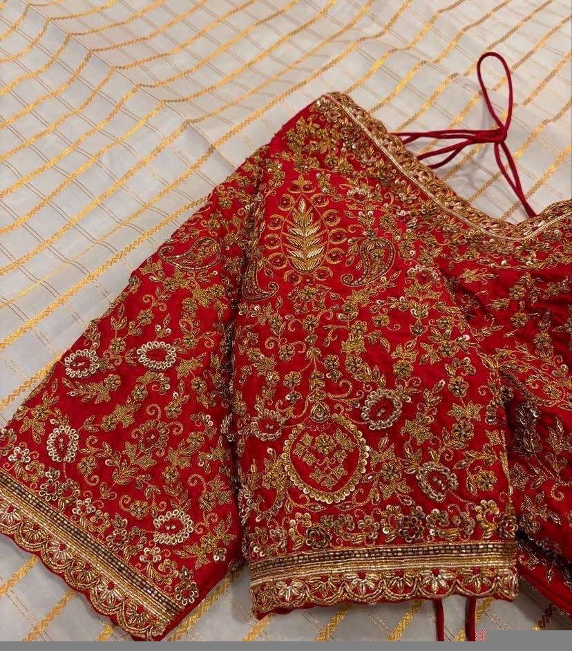 Red Silk Bridal Blouse: Hand Embroidered Zardosi Wedding Crop Top