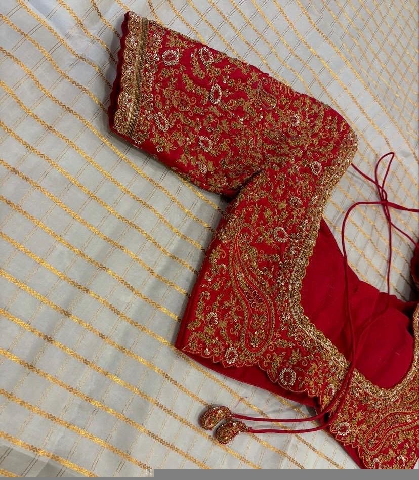 Red Silk Bridal Blouse: Hand Embroidered Zardosi Wedding Crop Top