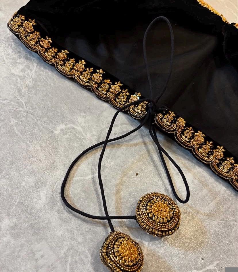 Black Velvet Zardosi Embroidered Saree Blouse - V-Neck, Elbow Sleeves